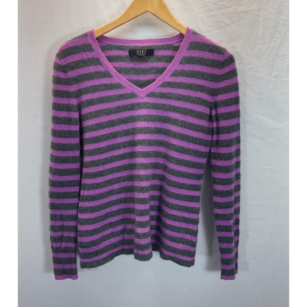 Alex Marie 100% Cashmere Striped Sweater Knit V-neck Pink Gray size M
